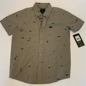 NEW WITH TAGS RVCA Green Boy Button Down Short Sleeve Shirt Size Small